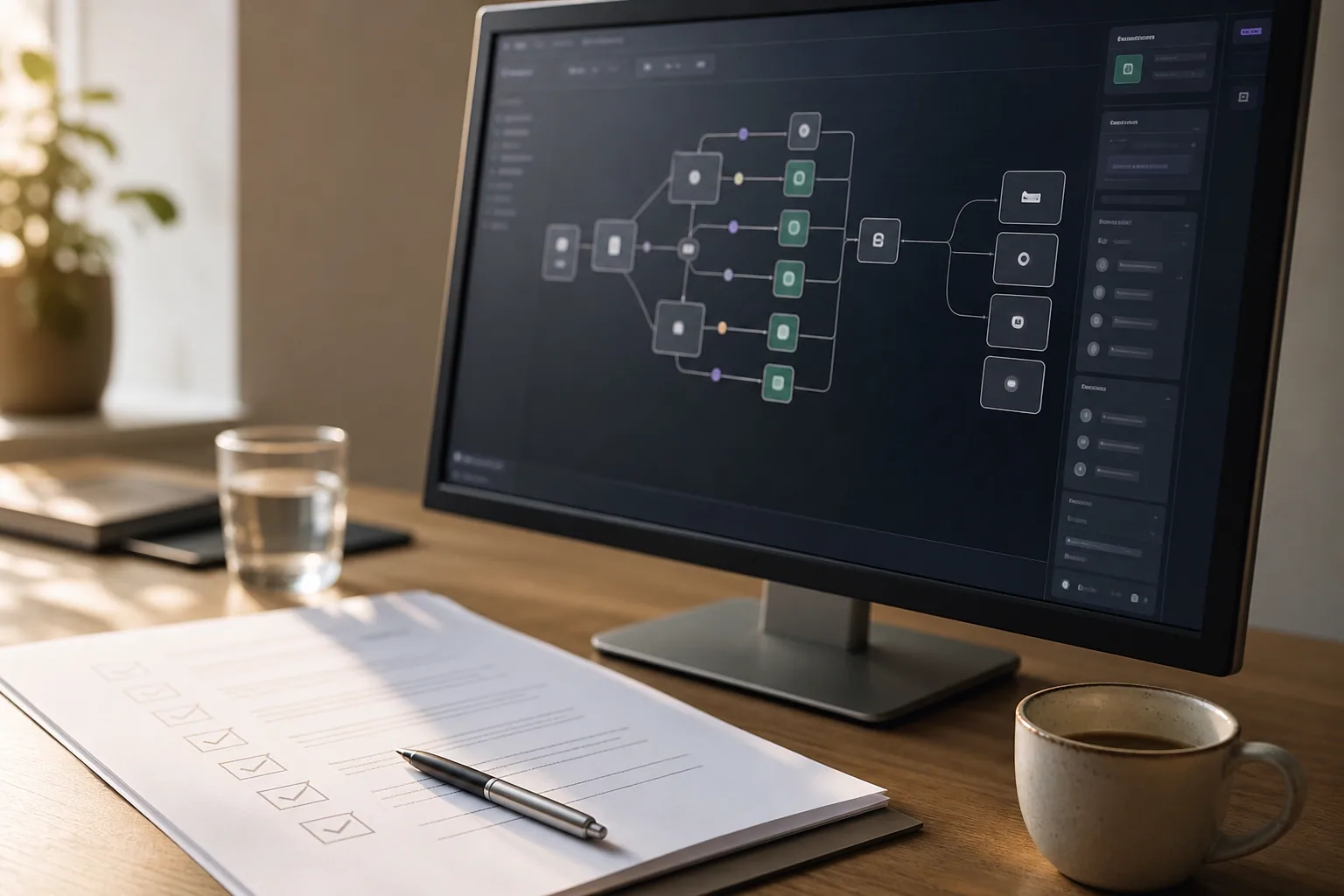 Abstrakt illustration af lagdelt n8n-automatisering med integrationer og kontrolpunkter